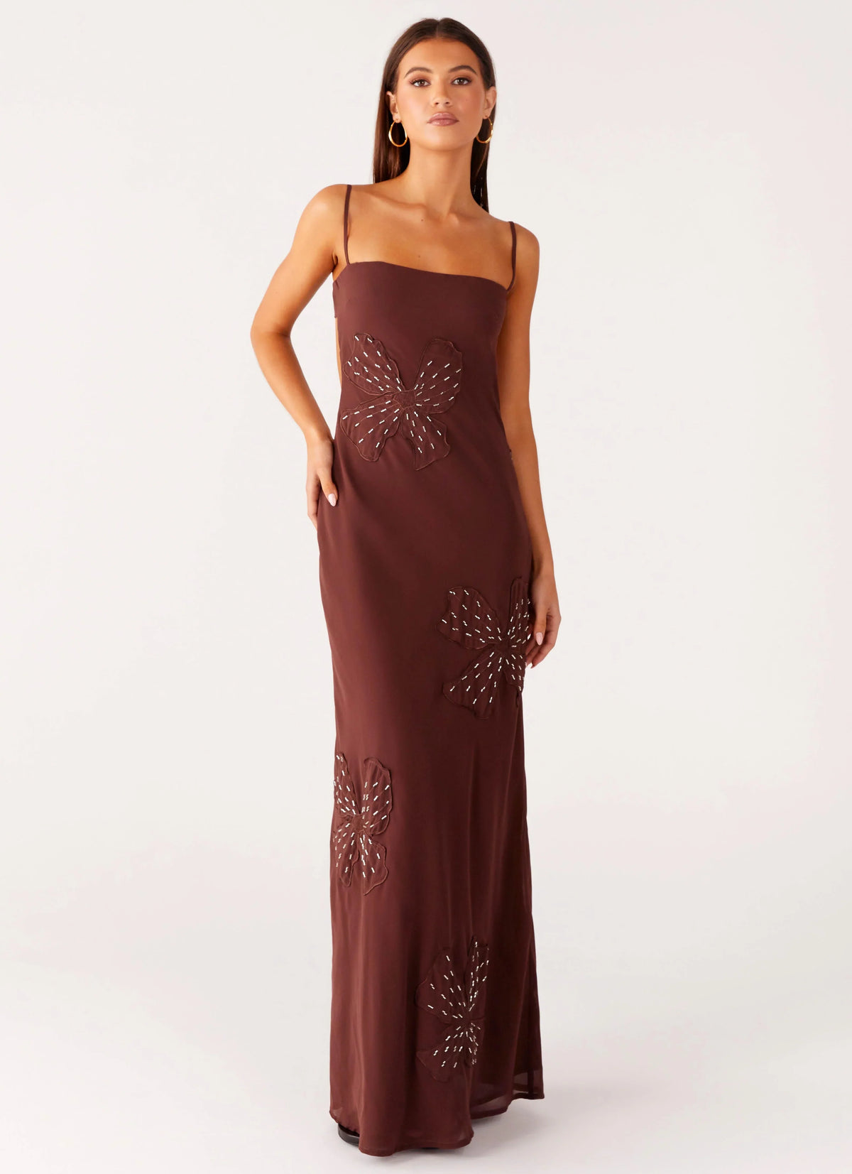 Bayla Beaded Flower Maxi Dress Chocolate