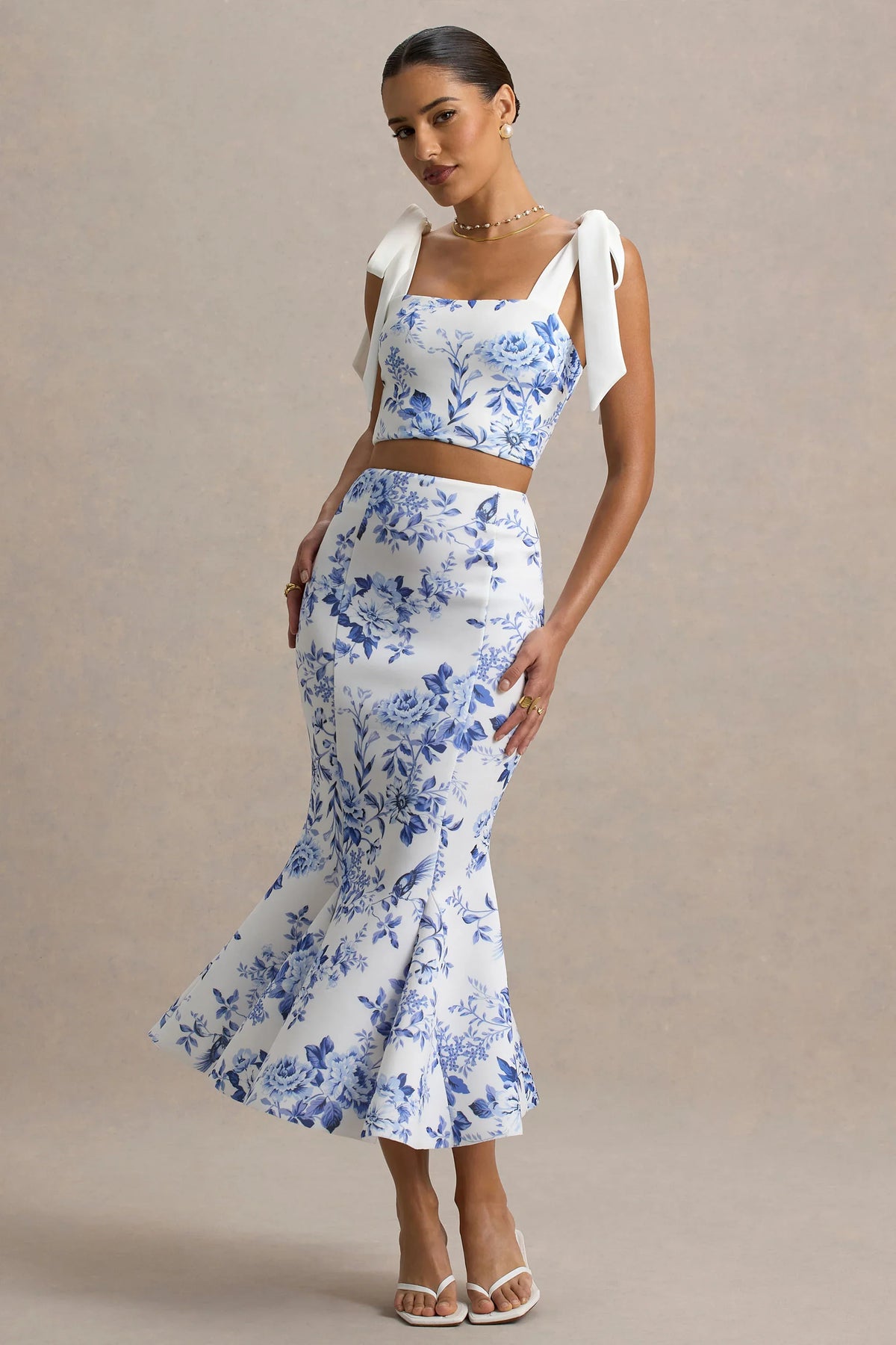 Amadea Blue Porcelain Print Fishtail Midi Skirt
