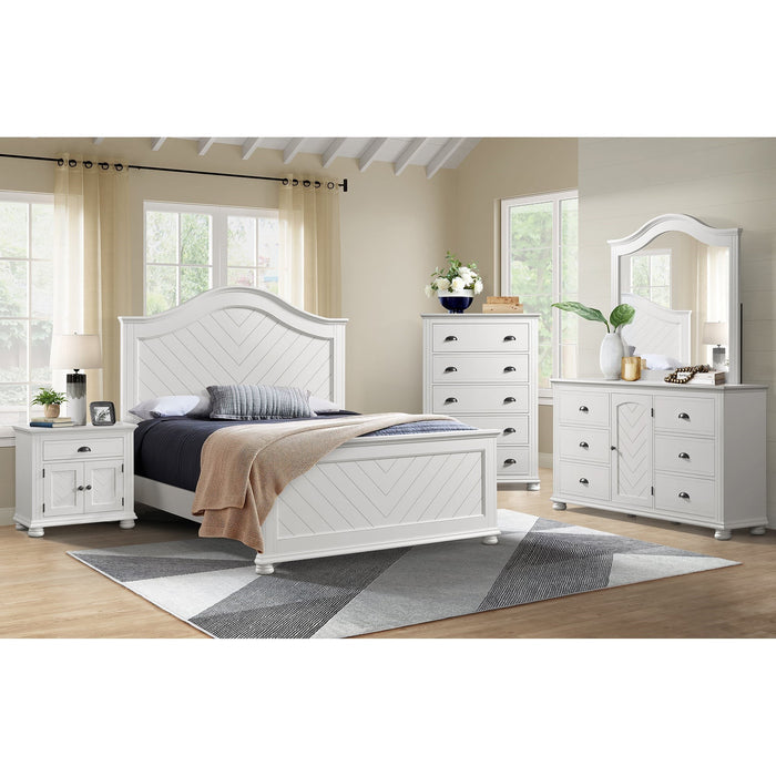 Elegant white arched dresser mirror, part of a charming bedroom set, showcasing its clean lines and reflective surface.