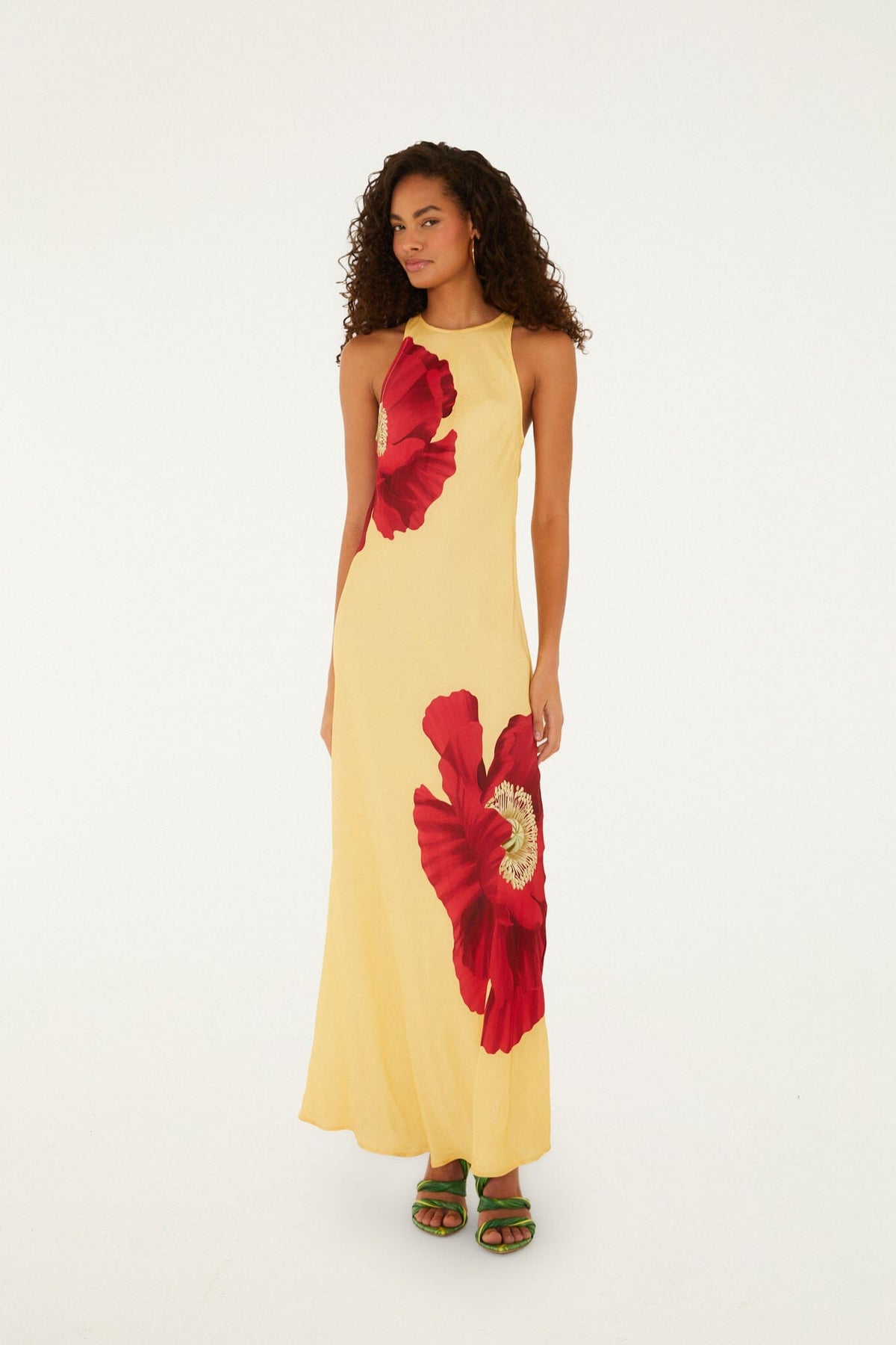 Light Yellow Poppy Flowers Sleeveless Maxi Dress