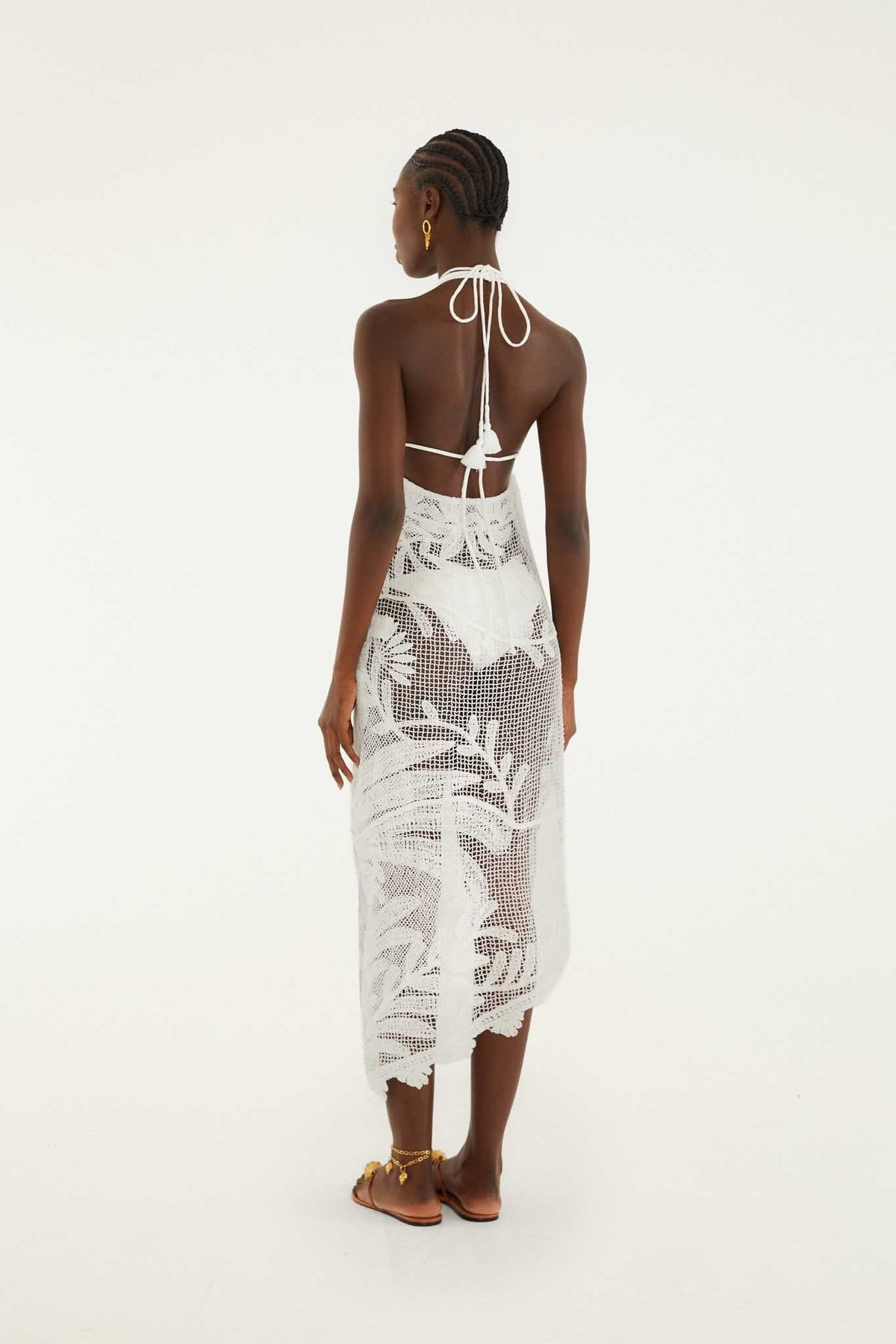 White Crochet Halter Neck Sheer Midi Dress