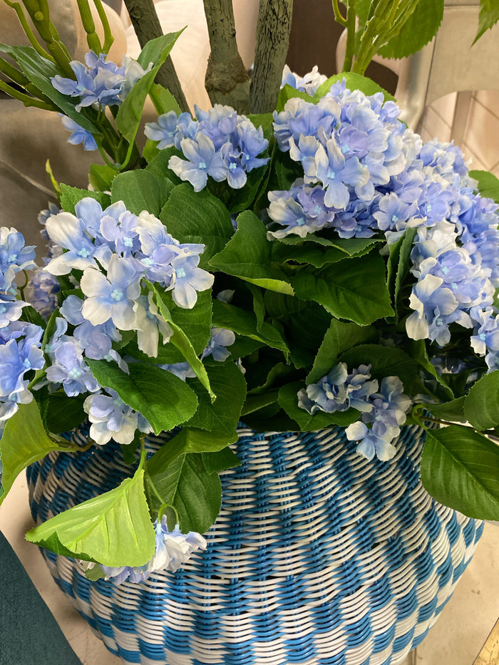 FAUX HYDRANGEAS IN BLUE & WHITE WICKER BASKET