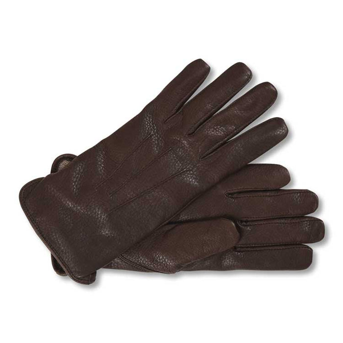 Pair of soft, dark brown ladies' deerskin leather gloves with a textured finish and classic stitched design.
