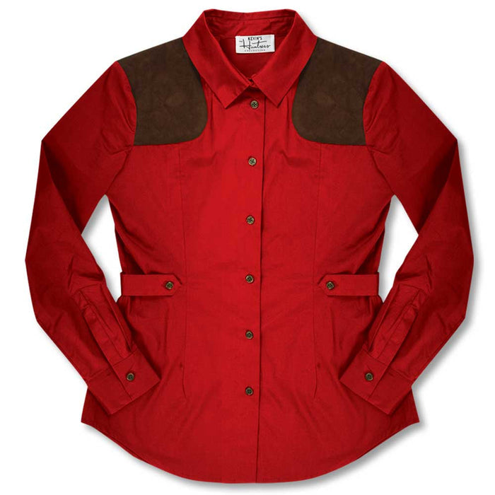 Red cotton poplin ladies shooting shirt with brown shoulder recoil patches and adjustable side waist tabs.