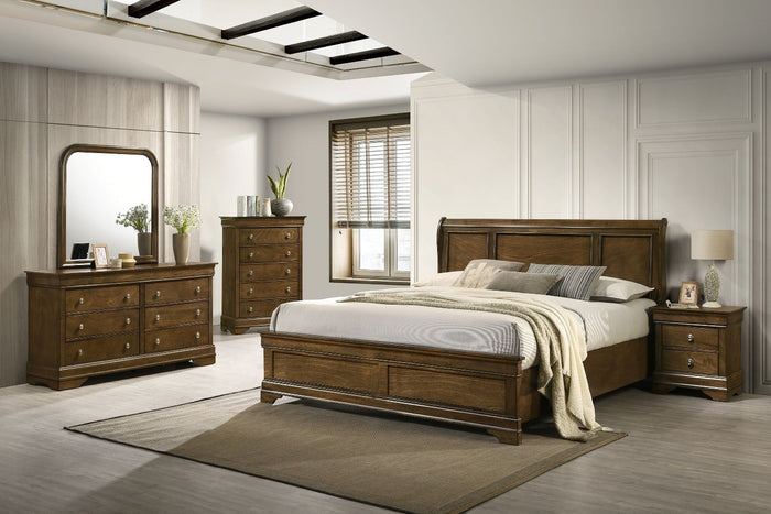A focused front view of the Lifestyle Furniture vertical mirror, showcasing its arched top frame and rich brown wood finish, sitting atop a coordinating dresser.