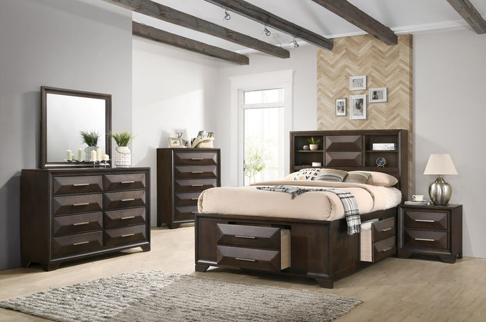 Close-up view of the vertical mirror on a matching dresser, highlighting its dark wood frame and reflective surface.