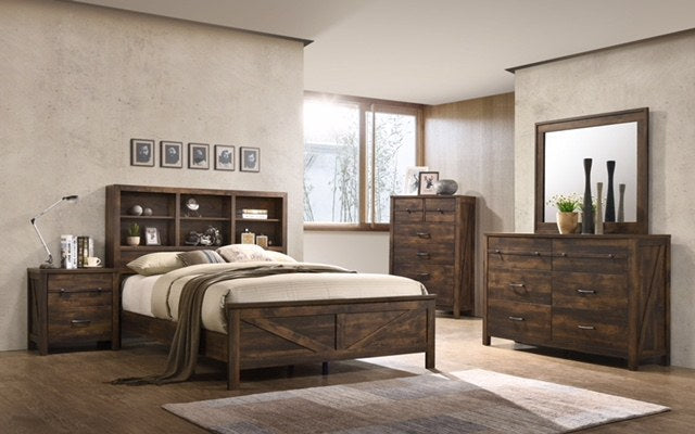 Close-up front view of the vertical mirror, showcasing its dark wood frame and clear reflection, positioned atop a matching dresser.