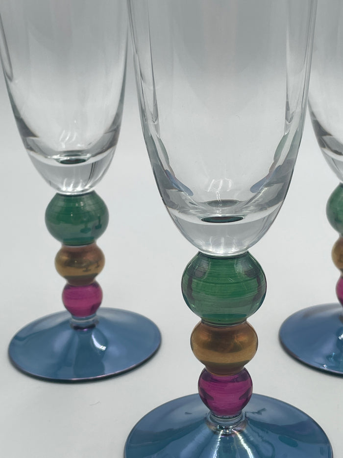 SET OF 8 CHAMPAGNE FLUTE COLORFUL STACKED GLASS BEAD BASE