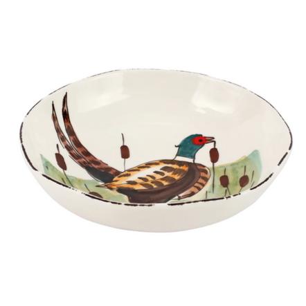 Hand-painted 8.5-inch Tuscan ceramic pasta bowl featuring a colorful pheasant and cattails on a cream background.