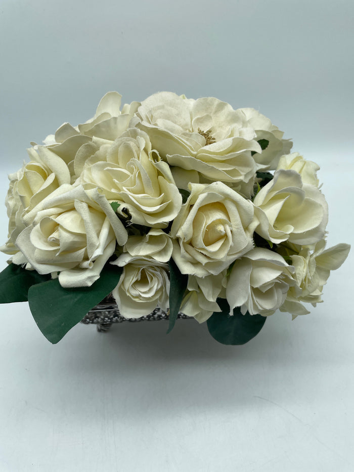 WHITE ROSES IN SILVER VESSEL