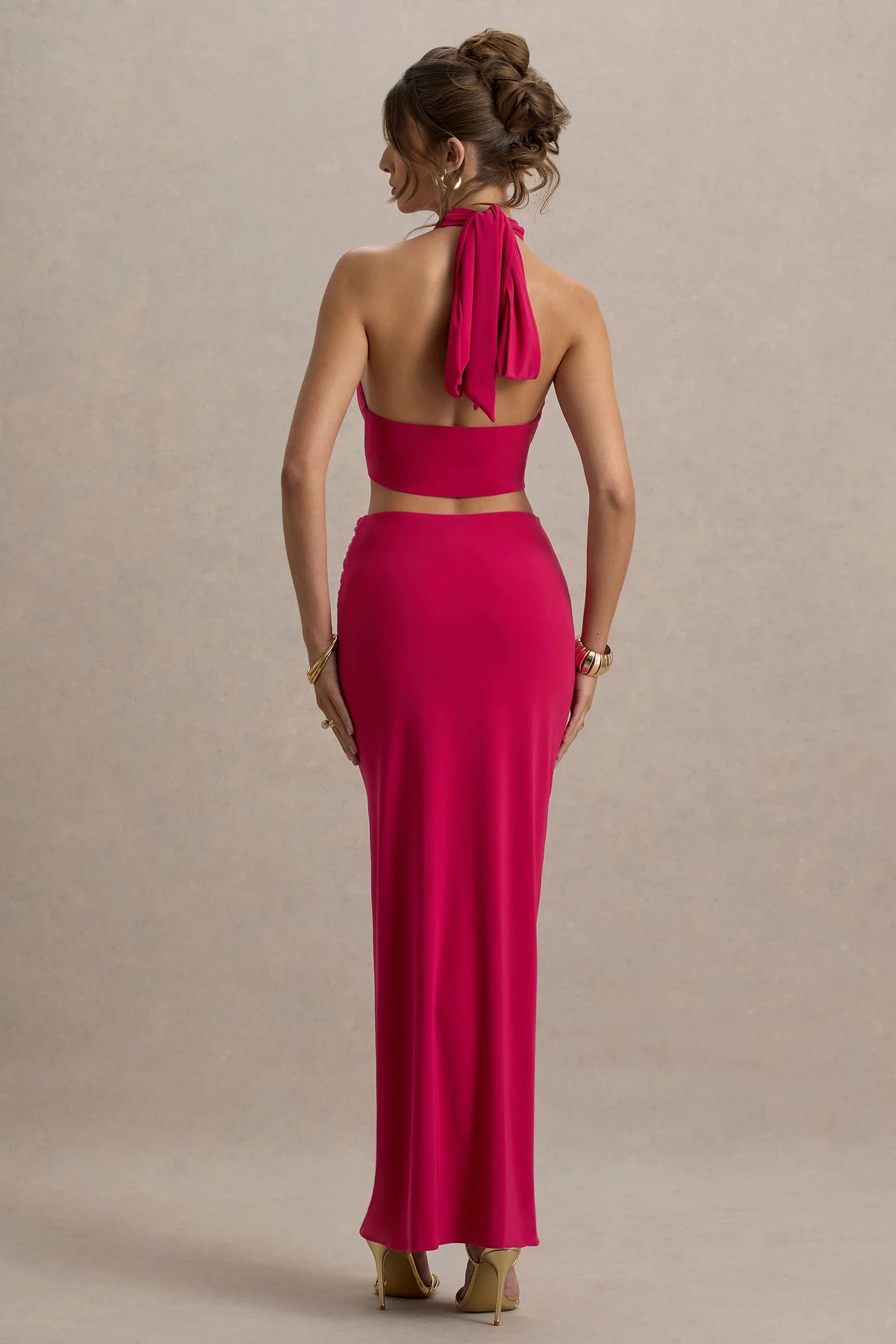 Aura Hot Pink Halter Neck Cut Out Split Maxi Dress