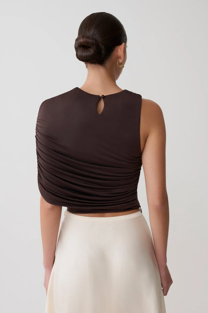Adrienne One Shoulder Slinky Top Chocolate