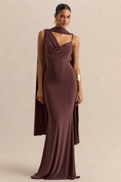 Armelia Brown Cowl Neck Maxi Dress With Scarf Detail