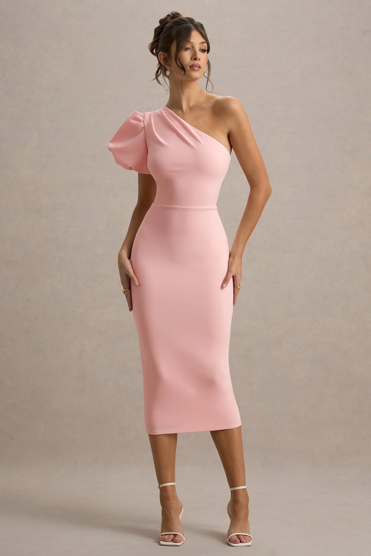 Aimee Pink Asymmetric Puff Sleeve Midi Dress
