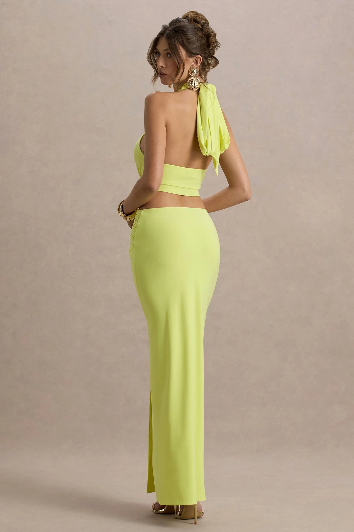 Aura Lime Green Halter Neck Cut Out Split Maxi Dress
