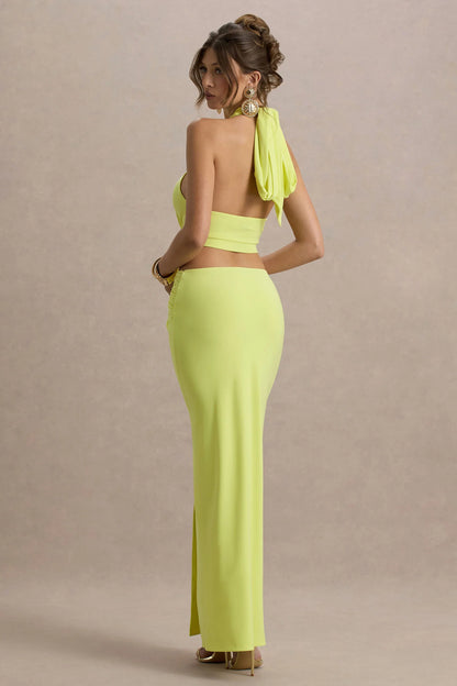 Aura Lime Green Halter Neck Cut Out Split Maxi Dress