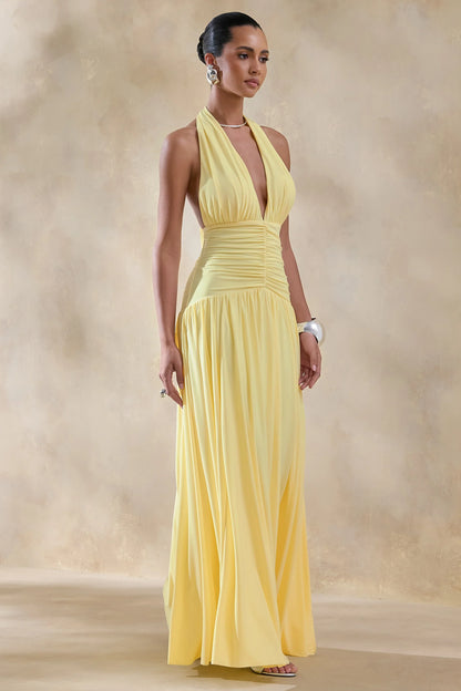 Bettina Lemon Plunge Neck Maxi Dress With Gathered Detailing