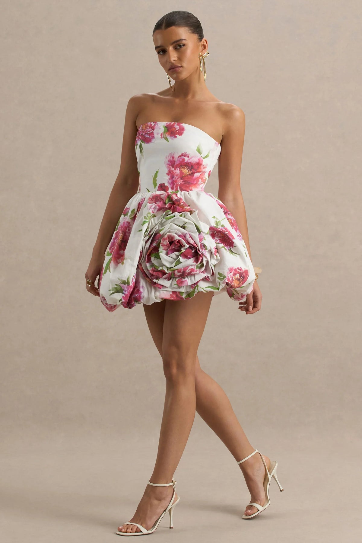 Adira Cream Floral Print Bandeau Puffball Mini Dress With Ruffle Detail