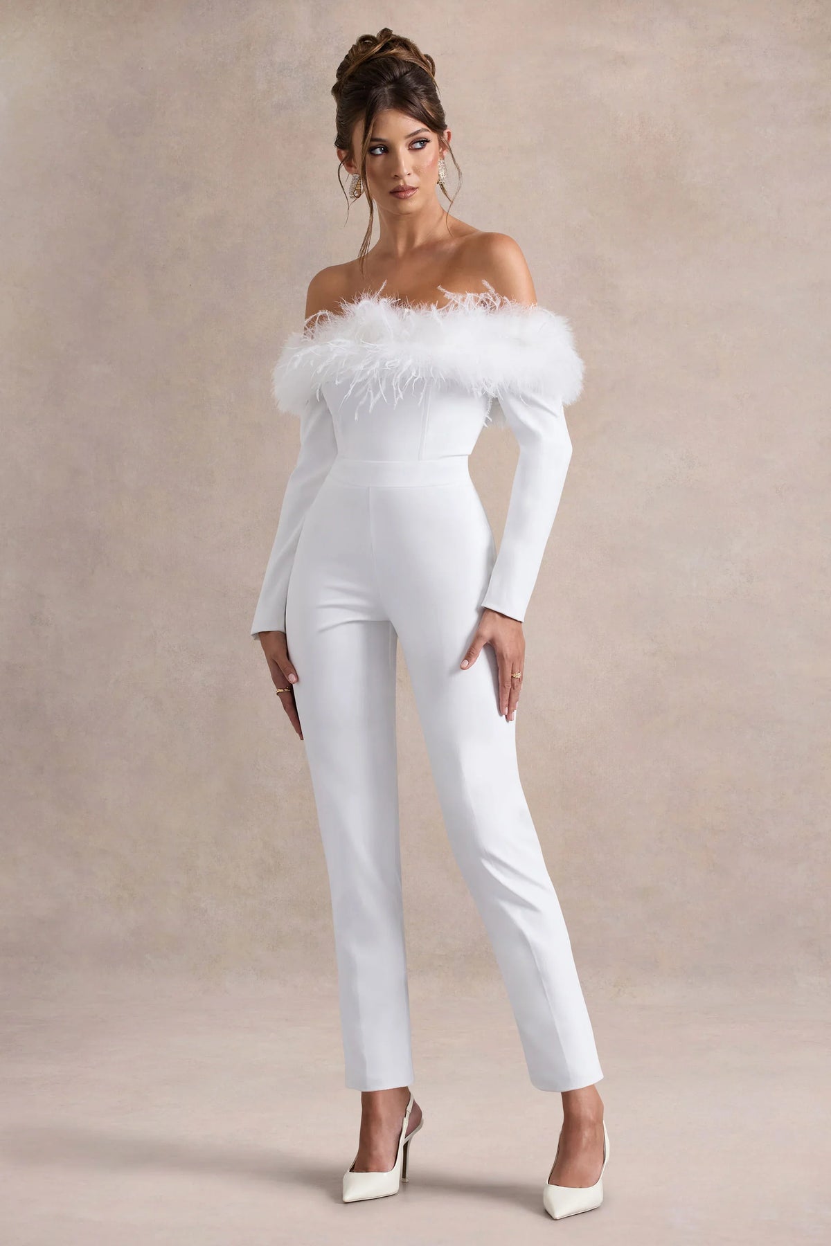 Ales White Bardot Tailored Straight Leg Jumpsuit With Feather Trim