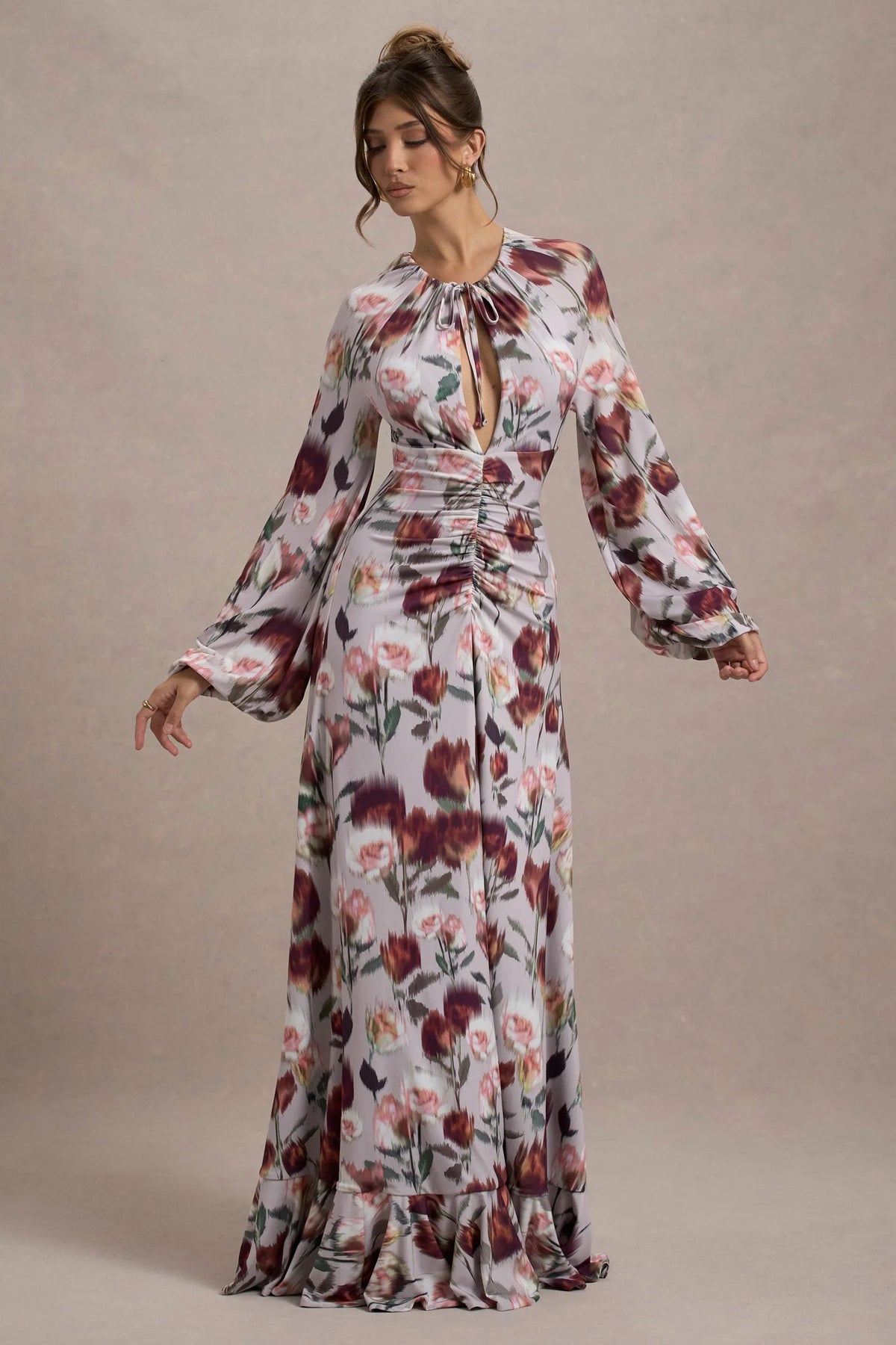 Althena Cream Floral Print Balloon Sleeve Maxi Dress