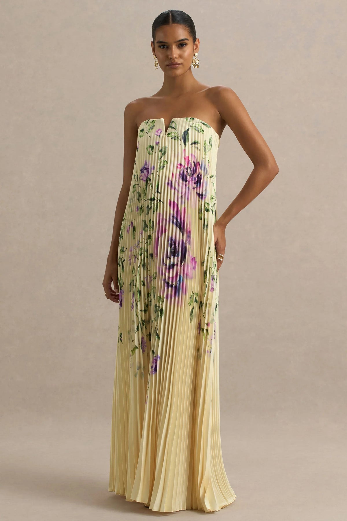 Bergamot Lemon Rose Print Satin Sweetheart Maxi Dress
