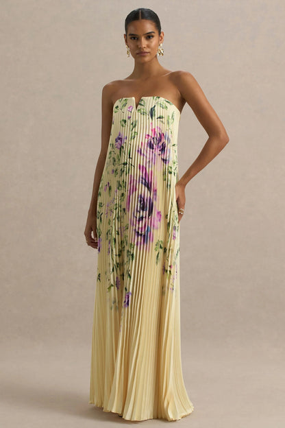 Bergamot Lemon Rose Print Satin Sweetheart Maxi Dress
