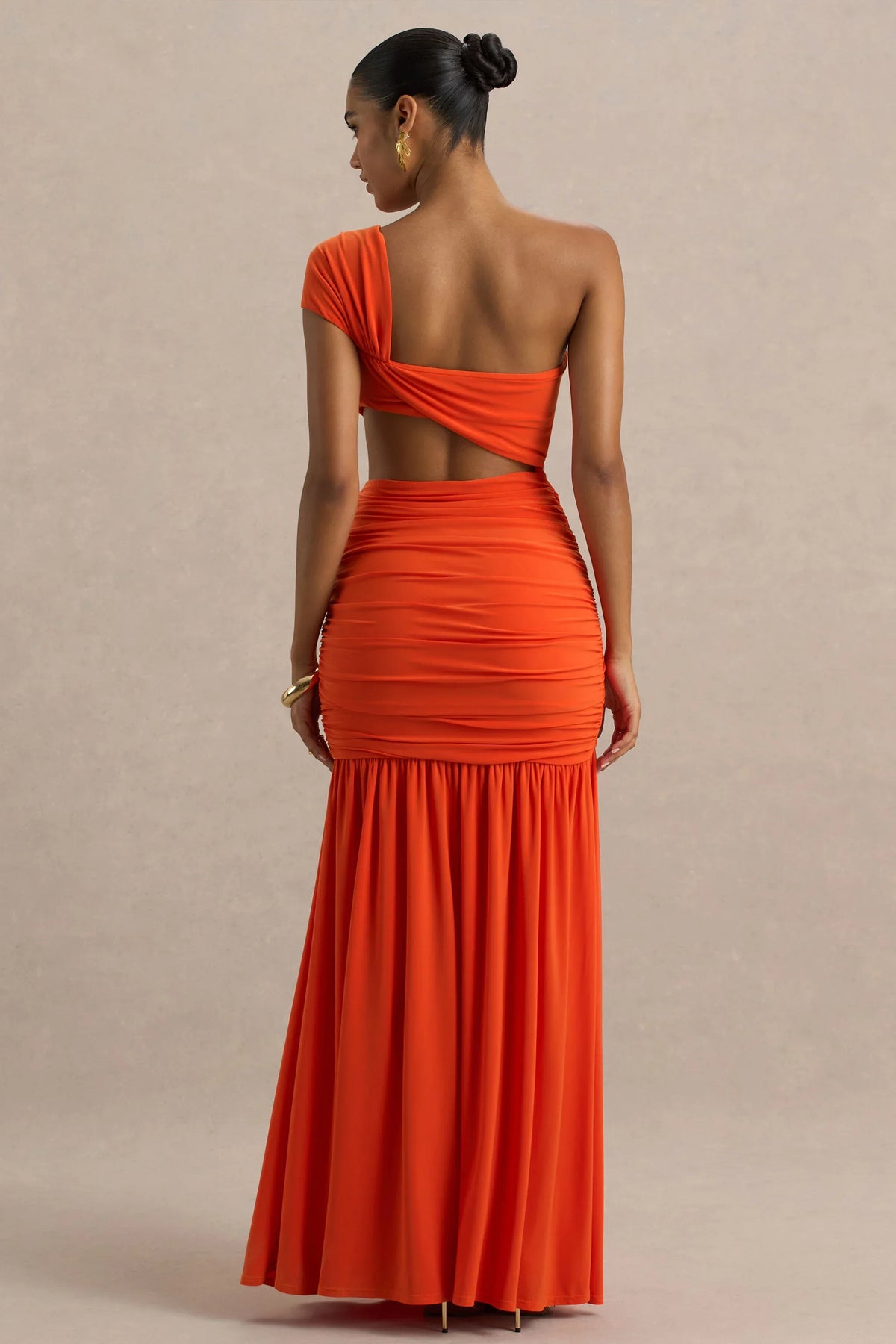 Cadiz Orange Asymmetric Maxi Dress With Cut Out Detail and Open Back