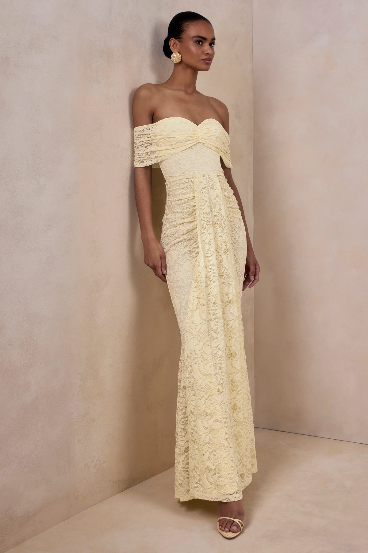Aries Lemon Lace Bardot Neck Maxi Dress With Gathered Detailing