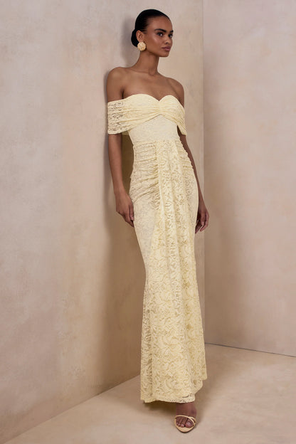 Aries Lemon Lace Bardot Neck Maxi Dress With Gathered Detailing