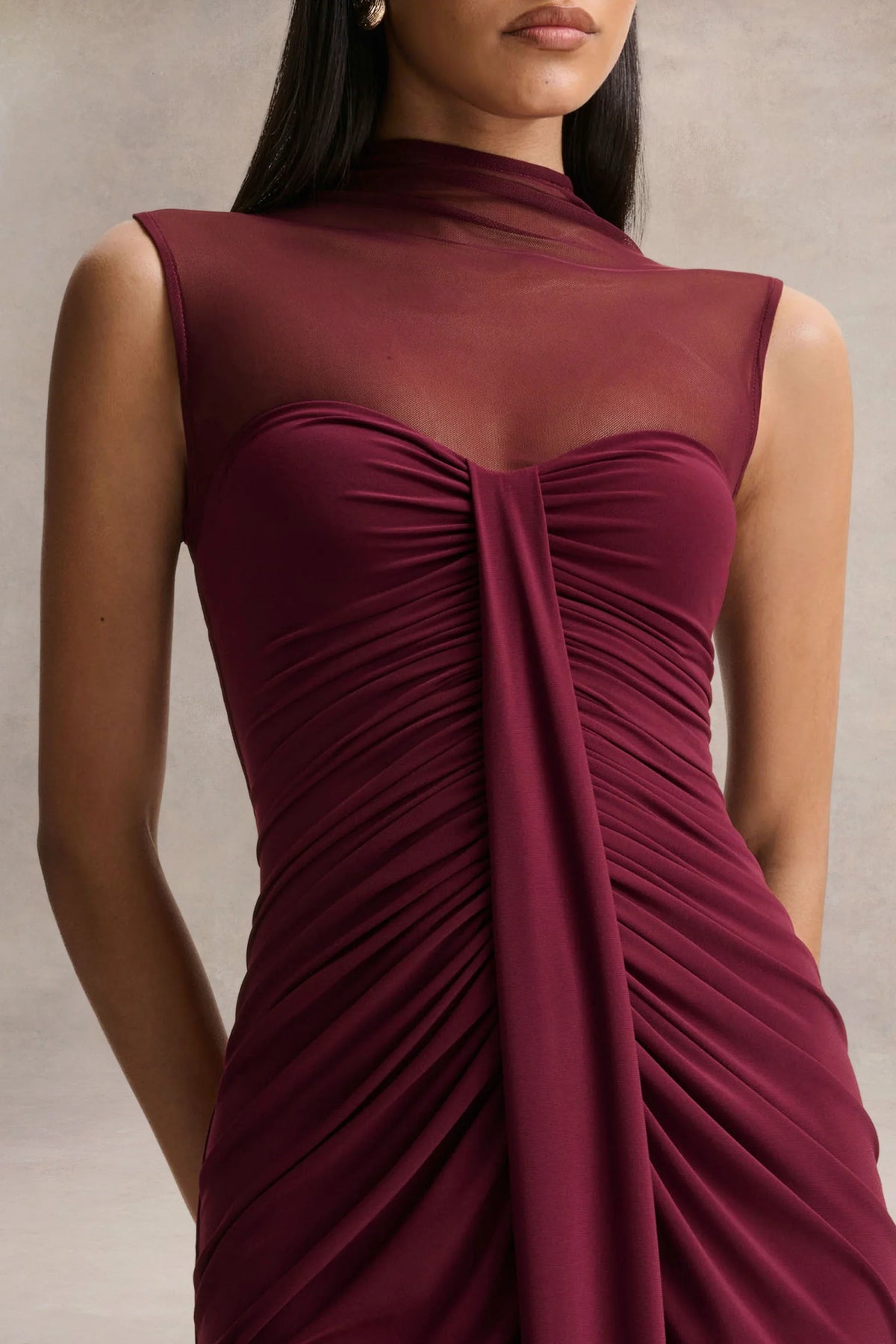 Brialle Burgundy High Neck Maxi Dress With Mesh And Gathered Detailing