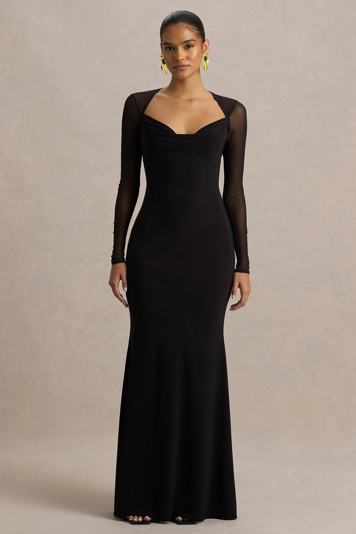 Bethan Black Cowl Neck Maxi Dress With Mesh Sleeves And Open Back