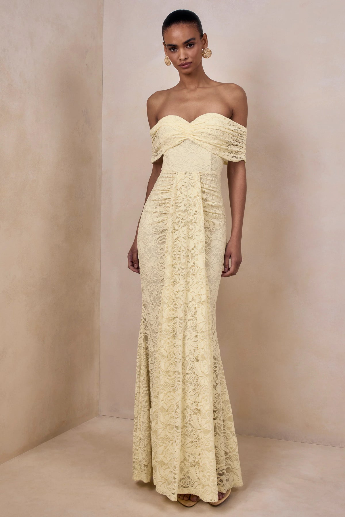 Aries Lemon Lace Bardot Neck Maxi Dress With Gathered Detailing