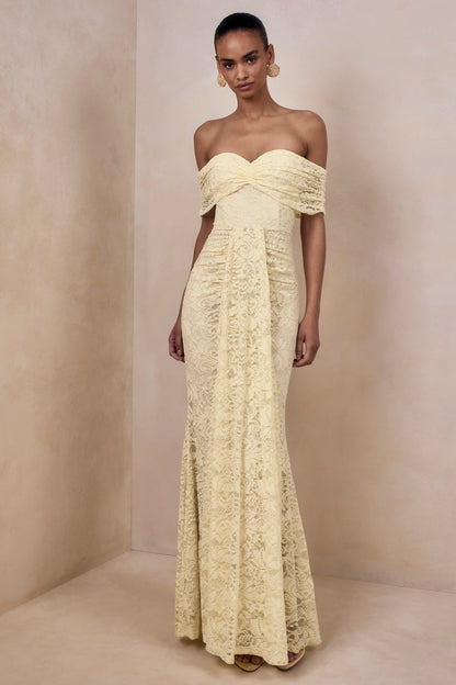 Aries Lemon Lace Bardot Neck Maxi Dress With Gathered Detailing