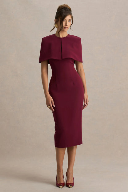 Baylor Burgundy Midi Dress With Removable Cape