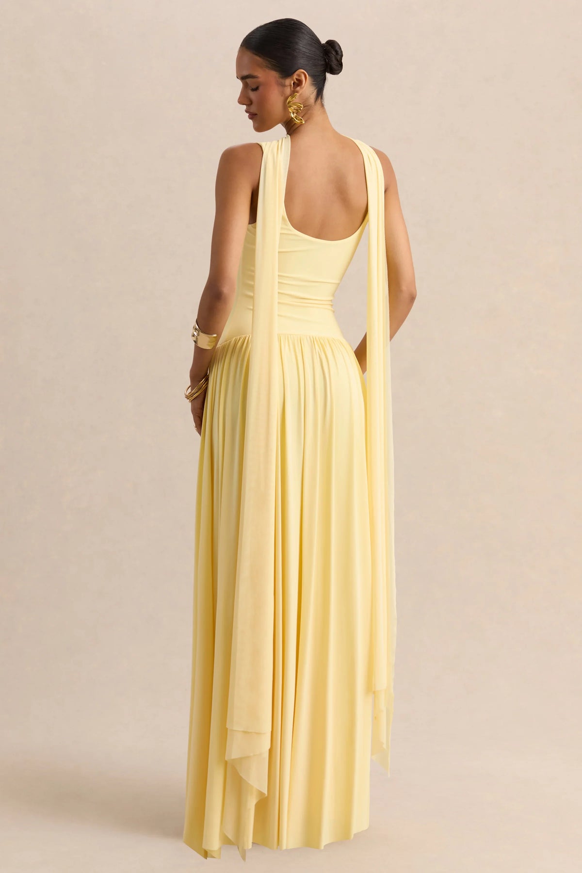 Aurina Lemon Square Neck Maxi Dress With Scarf Detail