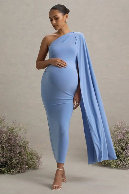 Amaryllis Powder Blue Maternity One Shoulder Maxi Dress with Cape Sleeve