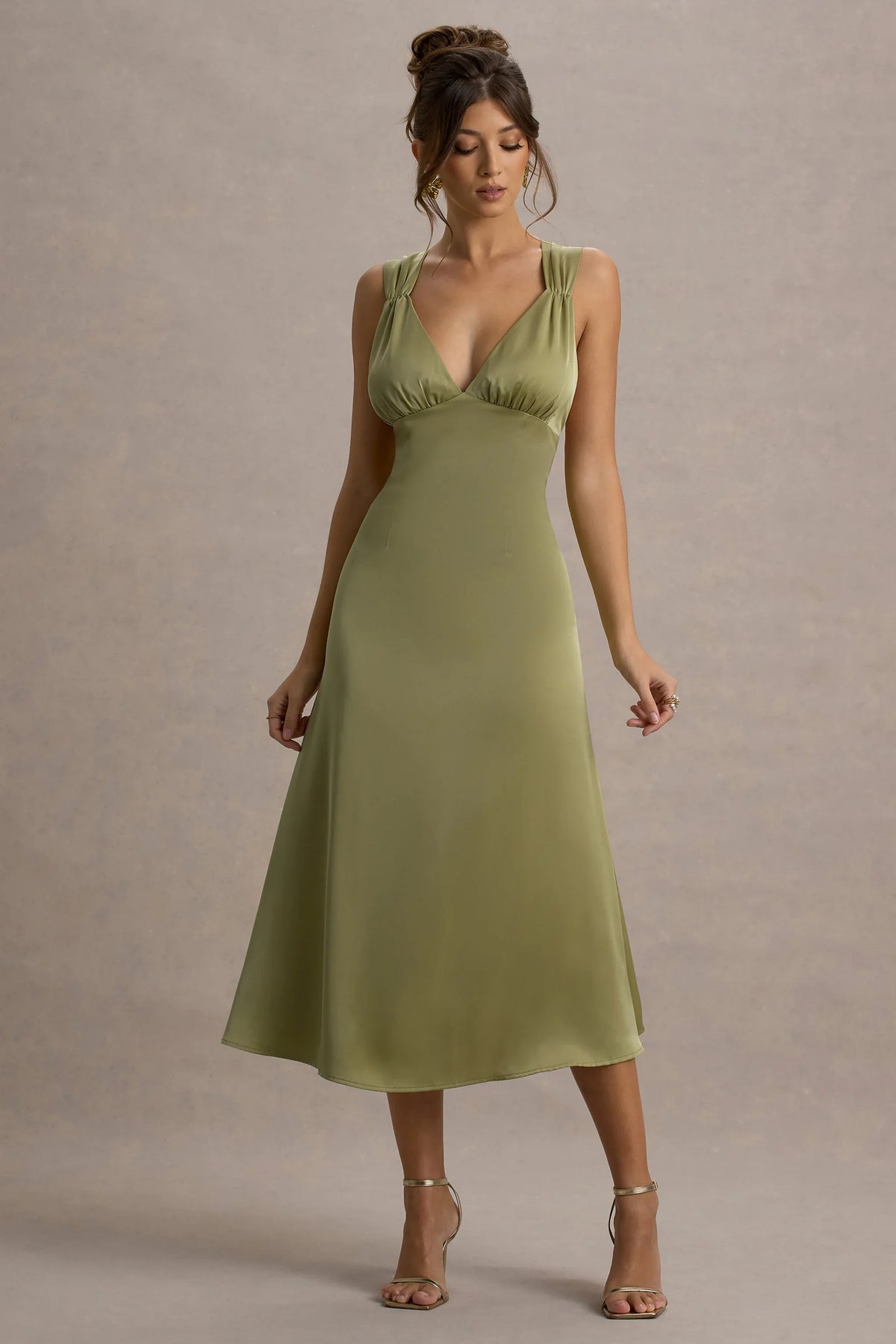 Beck Light Green Satin Plunge Neck Cross Back Midi Dress