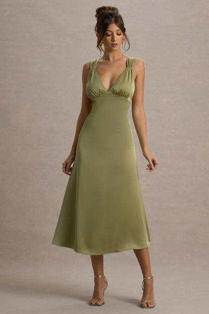 Beck Light Green Satin Plunge Neck Cross Back Midi Dress