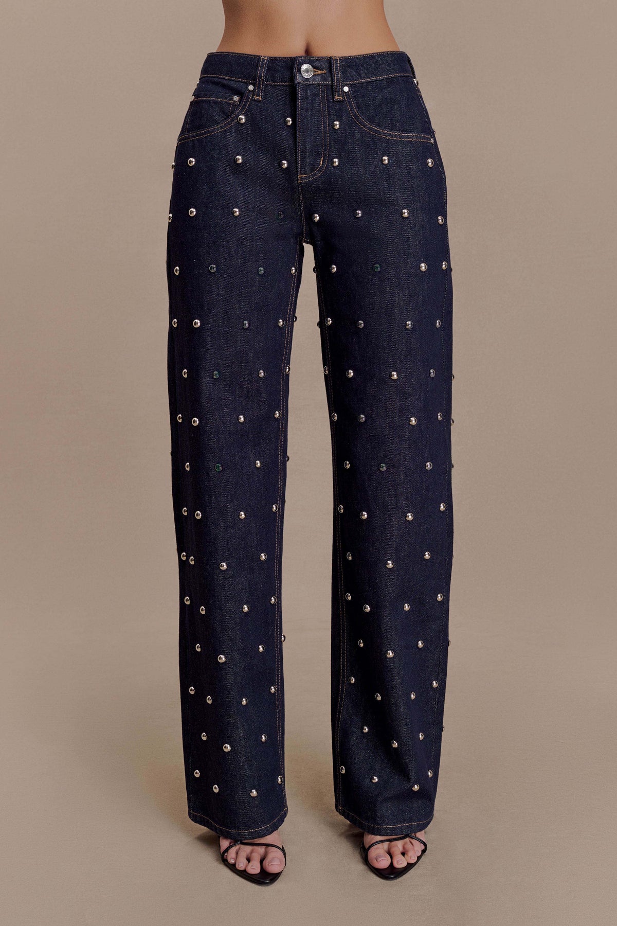Alima Mid Rise Stud Denim Jeans Washed Indigo Blue