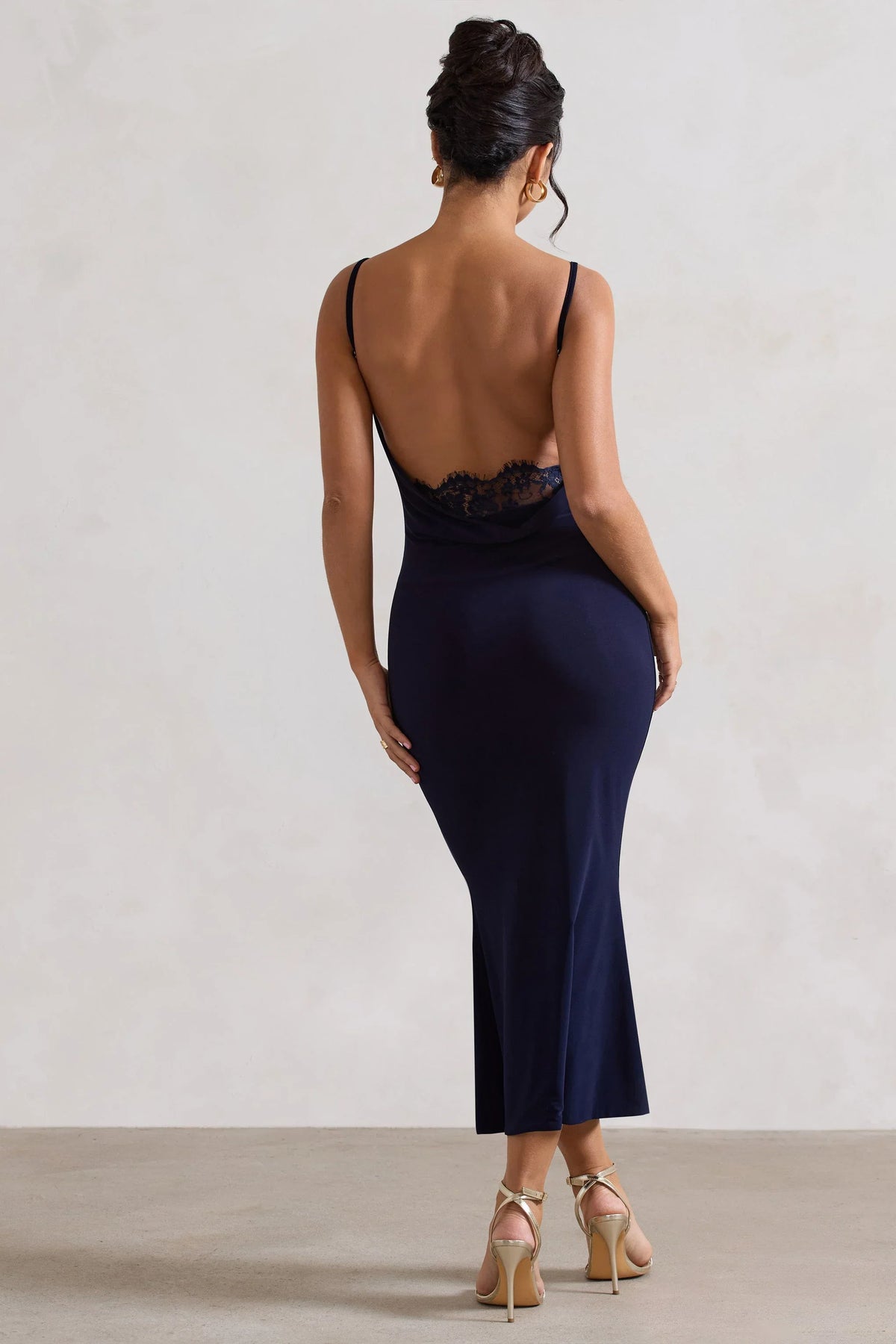 Addison Navy Cowl Neck Open Back Midi Dress With Lace