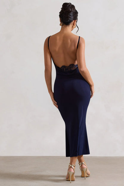 Addison Navy Cowl Neck Open Back Midi Dress With Lace