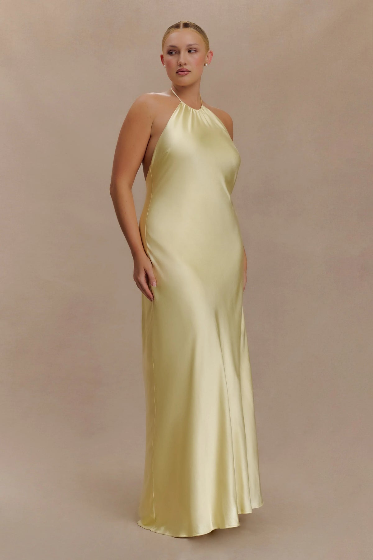 Bella Satin Halter Maxi Dress Lemon