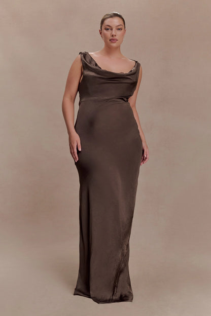 Ashley Cowl Neck Lace And Satin Maxi Dress Mocha