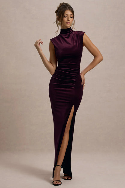 Abilene Port Velvet High Neck Split Maxi Dress