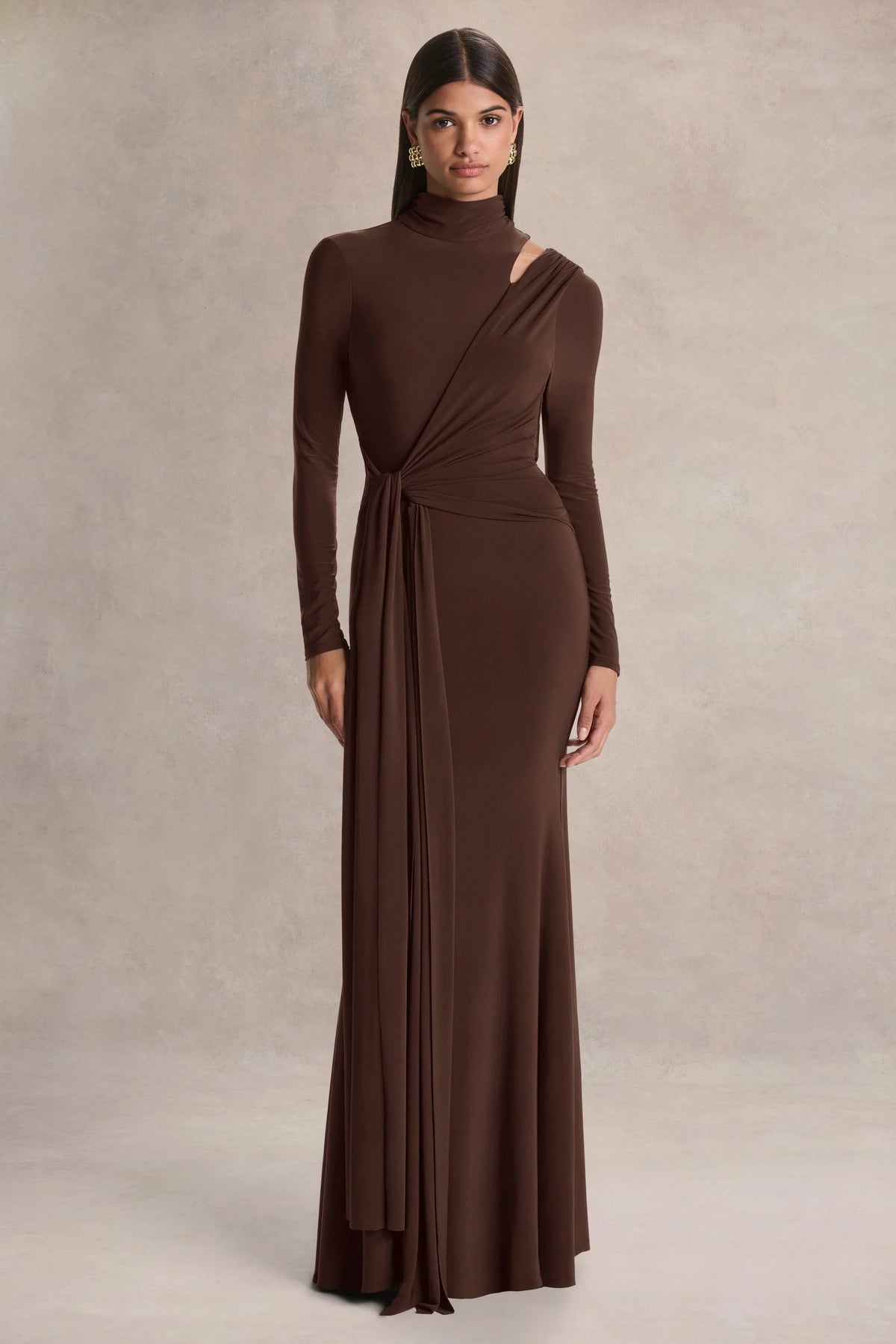 Alastrina Brown High Neck Maxi Dress With Gathered Detailing