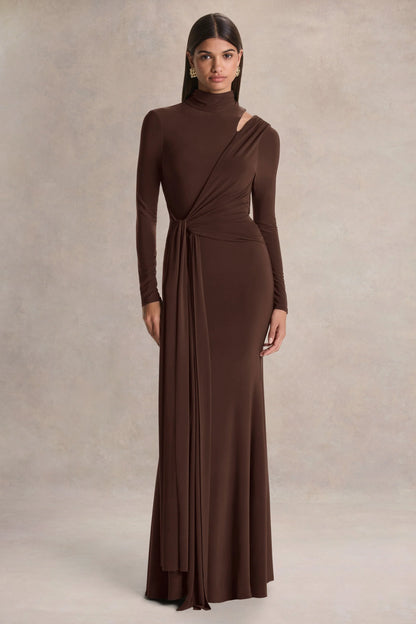 Alastrina Brown High Neck Maxi Dress With Gathered Detailing