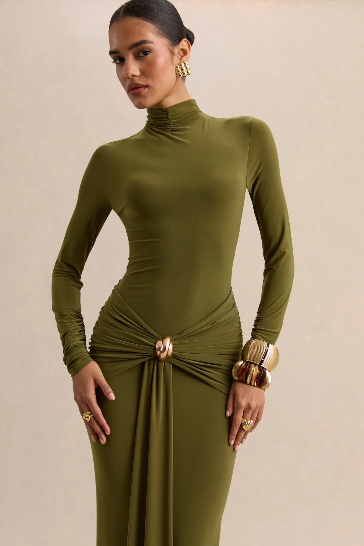 Ambrette Olive High Neck Maxi Dress With Gathered Detailing