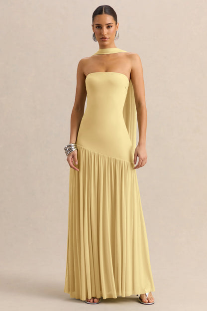 Bambi Lemon Bandeau Neck Maxi Dress With Scarf Detail