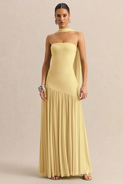 Bambi Lemon Bandeau Neck Maxi Dress With Scarf Detail