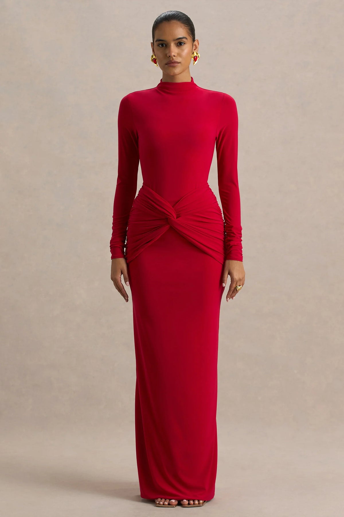 Alula Red High Neck Maxi Dress With Twist Detail